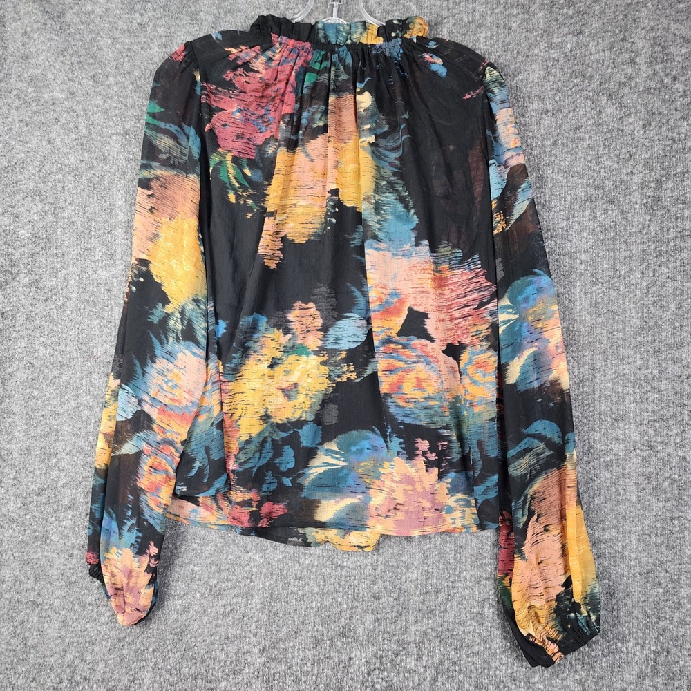 Rachel Zoe Blouse Womens Medium Multicolor Abstract Ruffle Neck Sheer Boho Top - Picture 2 of 11